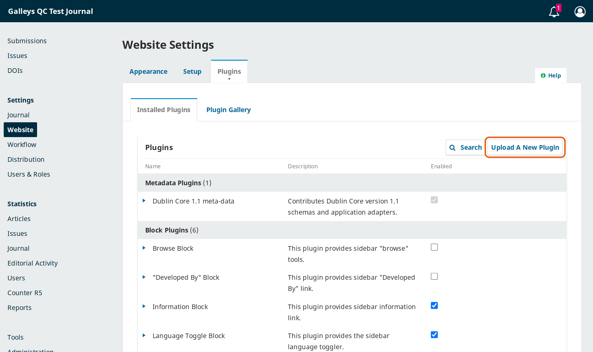 OJS Website Settings, Plugins tab, with the Upload A New Plugin button highlighted