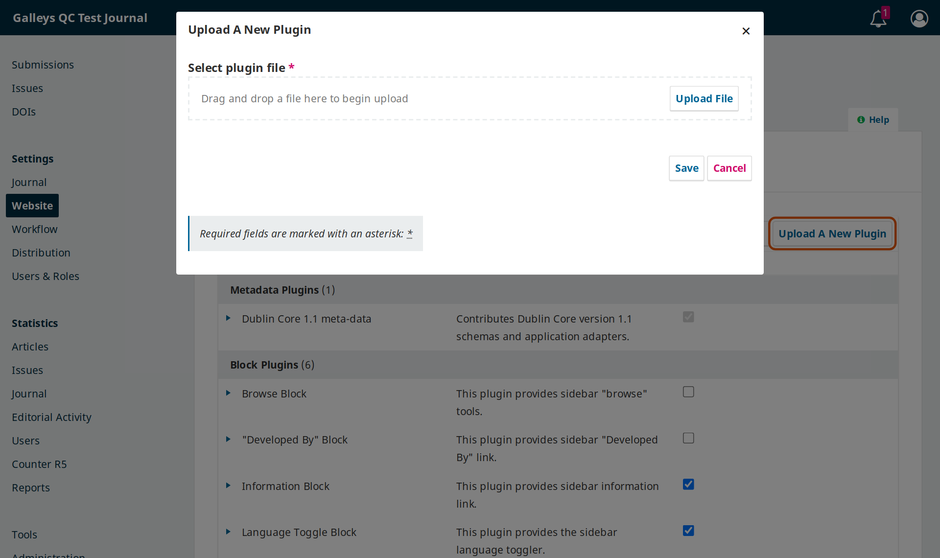 OJS Upload A New Plugin dialog with Upload File and Save buttons