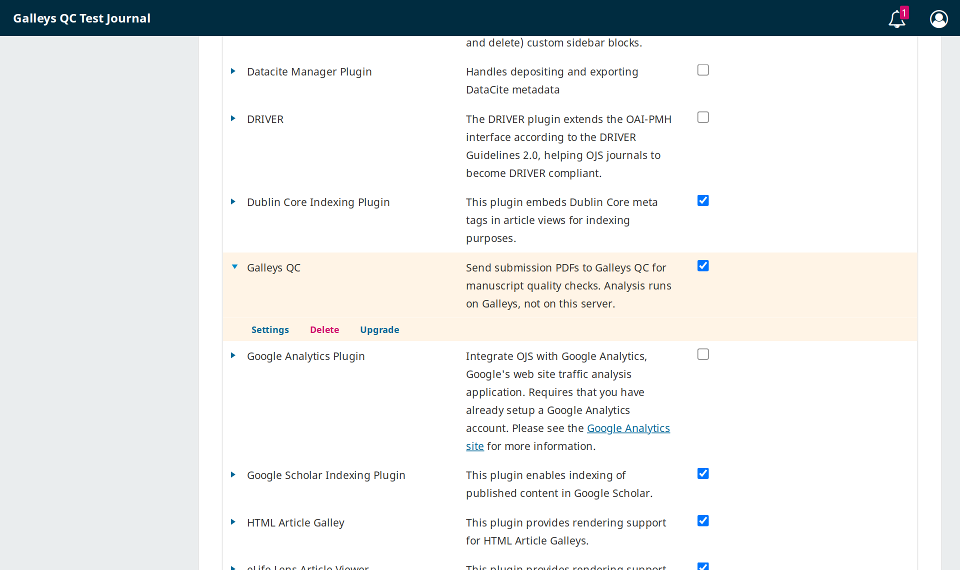 Galleys QC plugin listed under Generic Plugins with Enabled checked and Settings link visible
