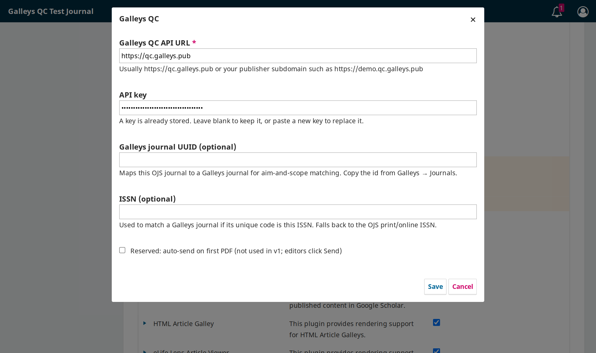 Galleys QC plugin settings dialog with API URL, API key, journal UUID and ISSN fields